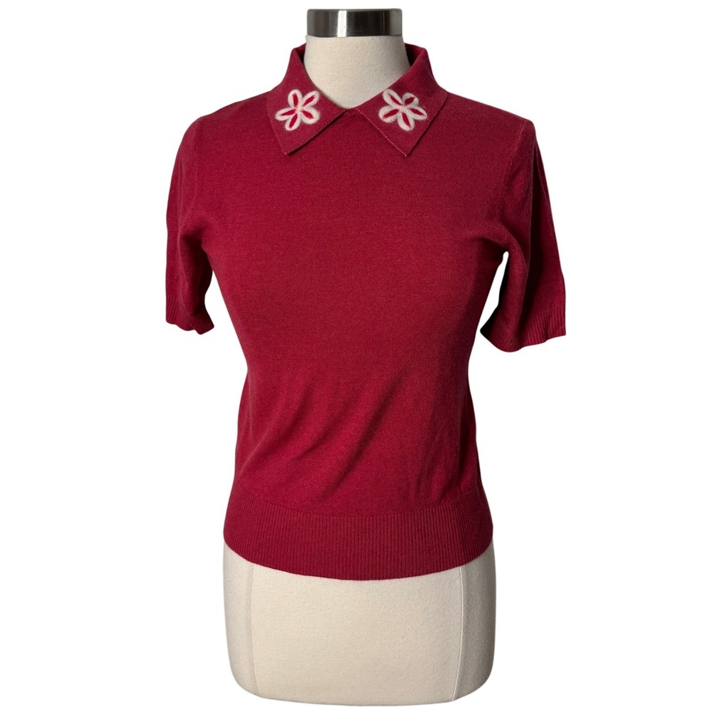 La Vila Milano Red Floral Embroidered Collar Short Sleeve Knit Top Womens XS